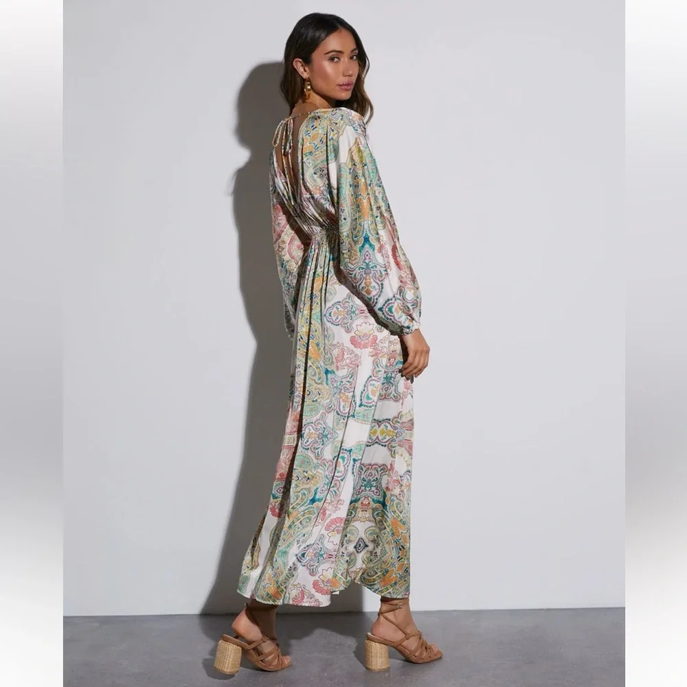 VICI Paisley Print Deep V Long Sleeve Silky Boho Maxi Dress Size XS - Picture 2 of 10